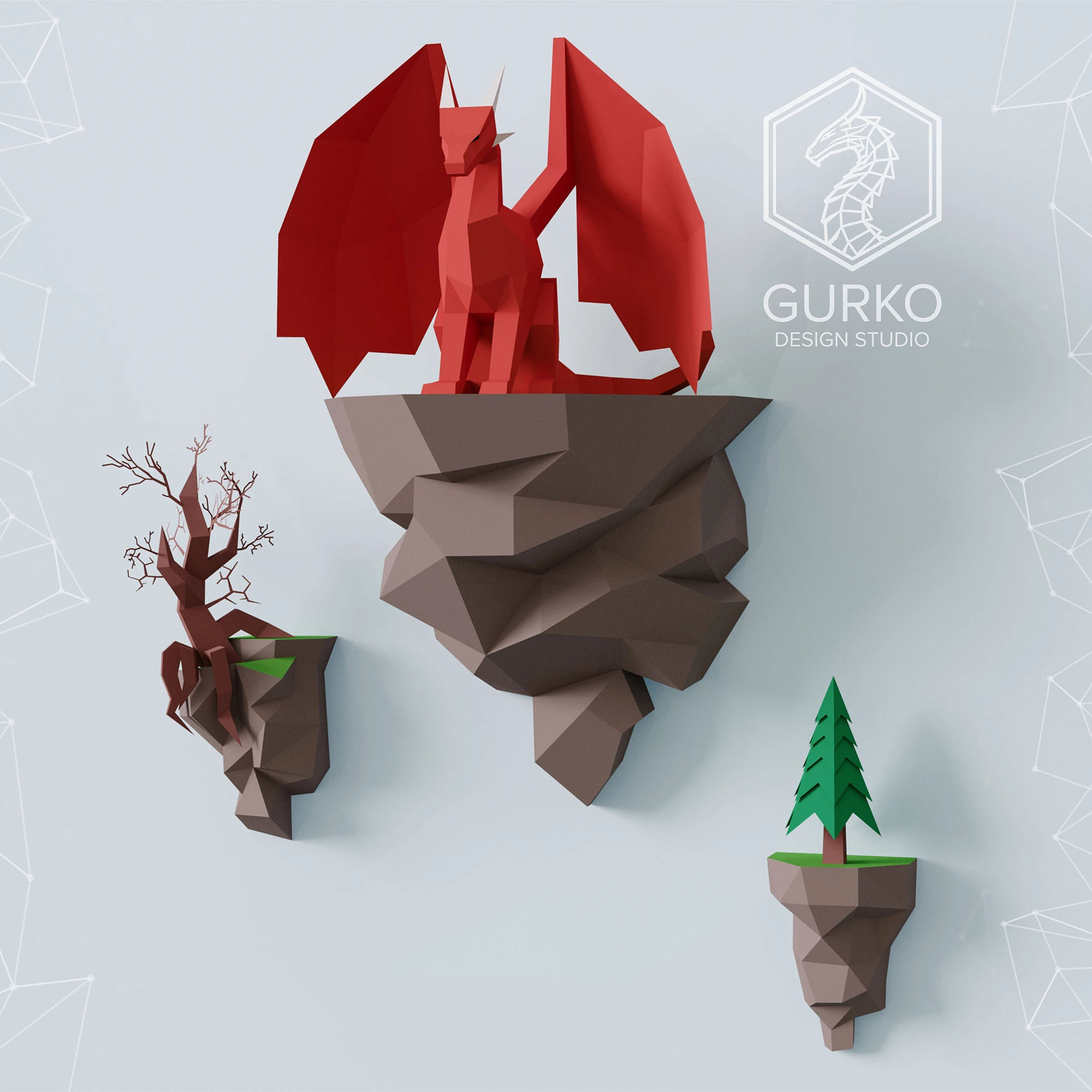 Papercraft Flying Island. Seated Dragon, Pdf, Gurko, Pepakura, Template, 3D Origami, Paper Sculpture, Low Poly, DIY Craft