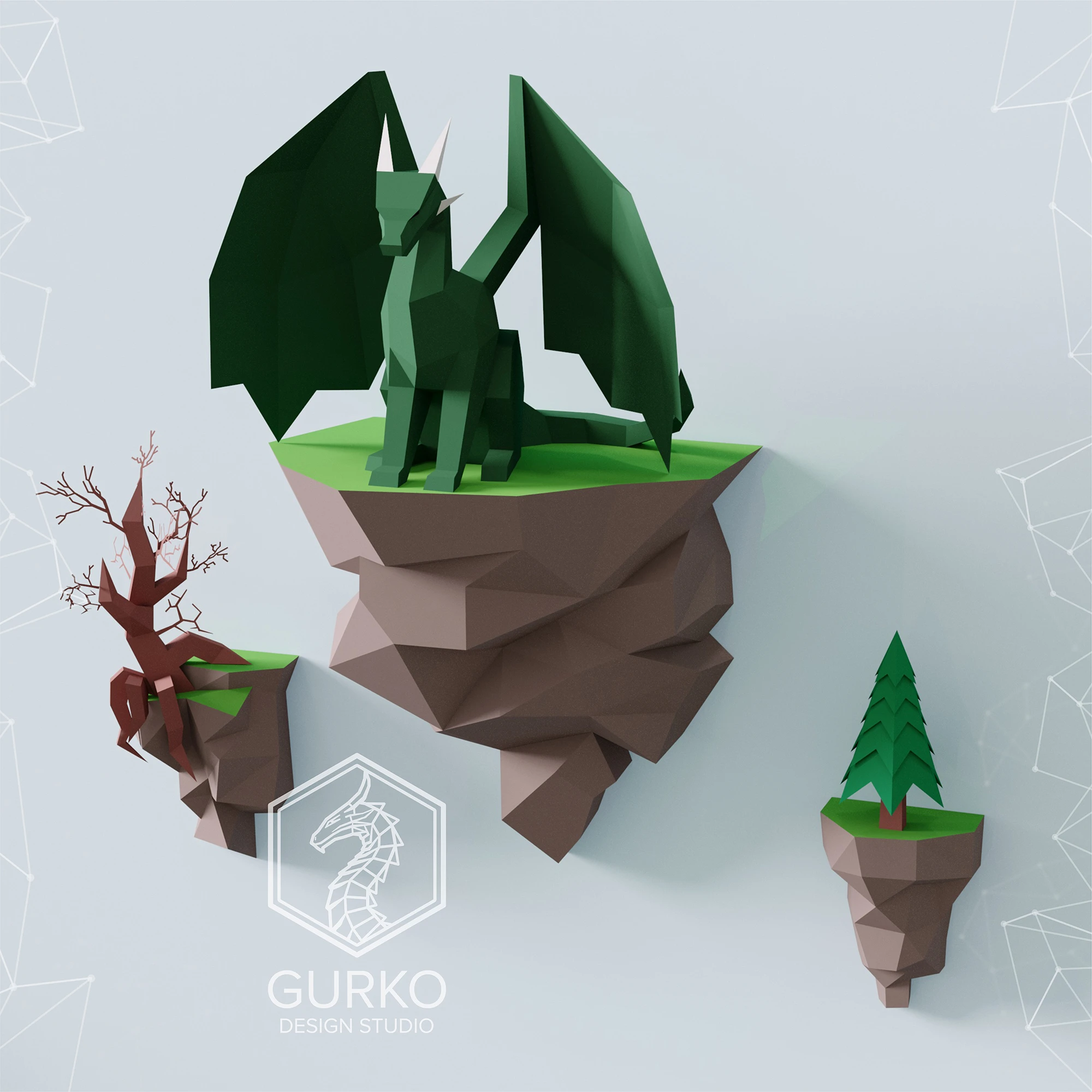 Papercraft Flying Island. Seated Dragon, Pdf, Gurko, Pepakura, Template, 3D Origami, Paper Sculpture, Low Poly, DIY Craft