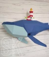 Low Poly Whale Lighthouse Papercraft PDF Template - 3D Ocean Wall Art DIY Kit - Nautical Nursery Decor