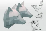 Wolf Head: Digital Files for Papercraft. Include Printable Pdf Template, DXF, SVG Drawings for Download. 3d Origami Low Poly Model DIY.