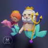Little MERMAID + King TRITON + DOLPHIN, Papercraft, Template, DIY, Paper, Low Poly, Cute, Kawaii, 3D Model, Pdf Low Poply, Kids Toy
