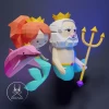 Little MERMAID + King TRITON + DOLPHIN, Papercraft, Template, DIY, Paper, Low Poly, Cute, Kawaii, 3D Model, Pdf Low Poply, Kids Toy