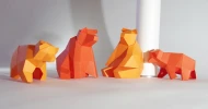 Seated Bear Family 3D Decor Low poly Papercraft, DIY, PDF