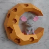 Mouse on the Cheese Moon 3D Wall Decor Low poly Papercraft, DIY, PDF