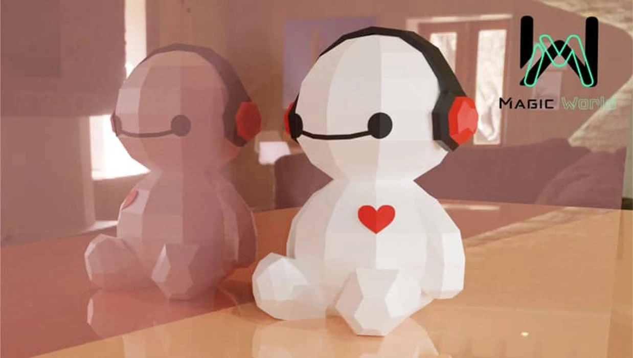 Baymax with Headphones Low Poly, Papercraft, PDF template, Paper model, Sculpture, 3D puzzle, Polygonal model, Lowpoly