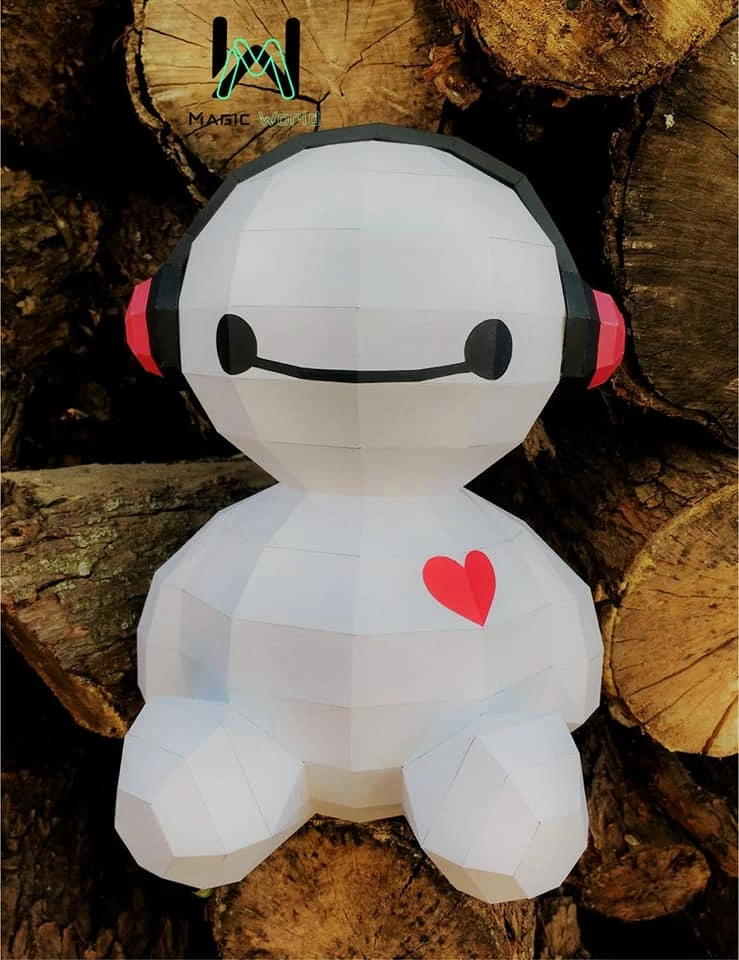 Baymax with Headphones Low Poly, Papercraft, PDF template, Paper model, Sculpture, 3D puzzle, Polygonal model, Lowpoly