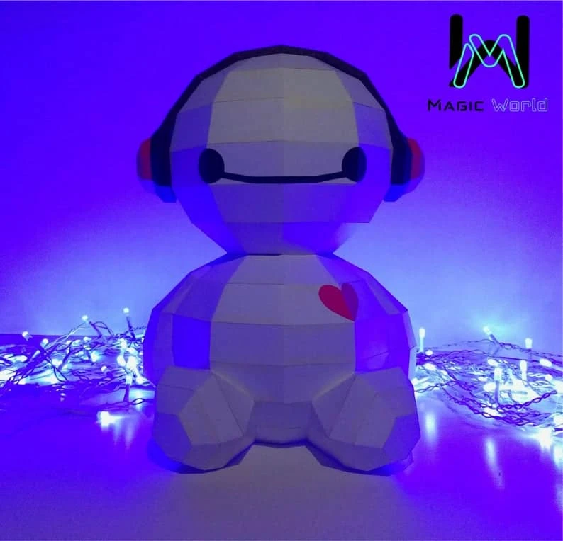 Baymax with Headphones Low Poly, Papercraft, PDF template, Paper model, Sculpture, 3D puzzle, Polygonal model, Lowpoly