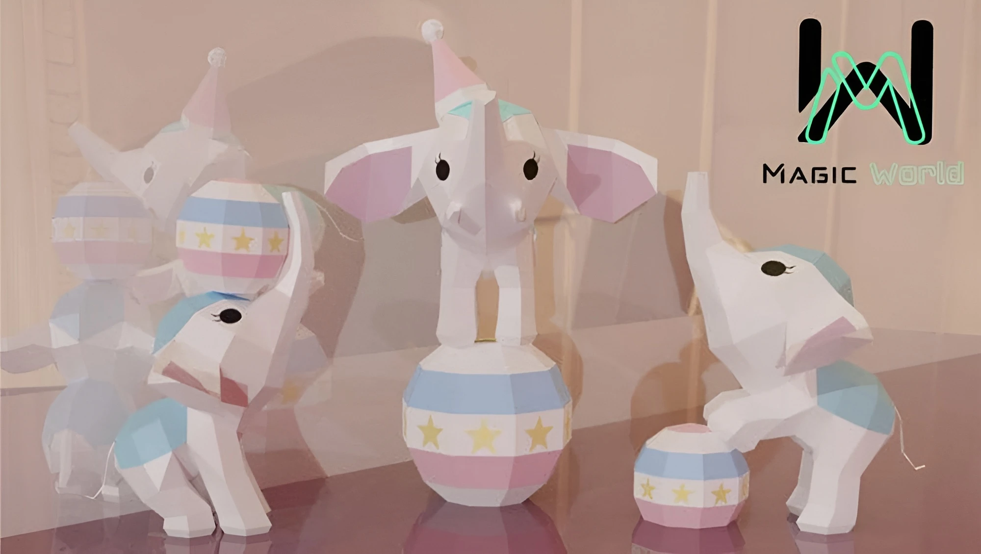 Combo 3 Elephant Performing Circus Low Poly, Papercraft, PDF template, Paper model, Sculpture, 3D puzzle, Polygonal model, Lowpoly