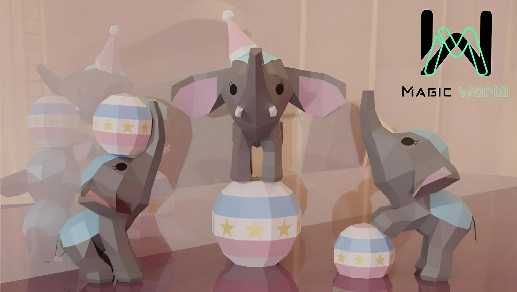 Combo 3 Elephant Performing Circus Low Poly, Papercraft, PDF template, Paper model, Sculpture, 3D puzzle, Polygonal model, Lowpoly