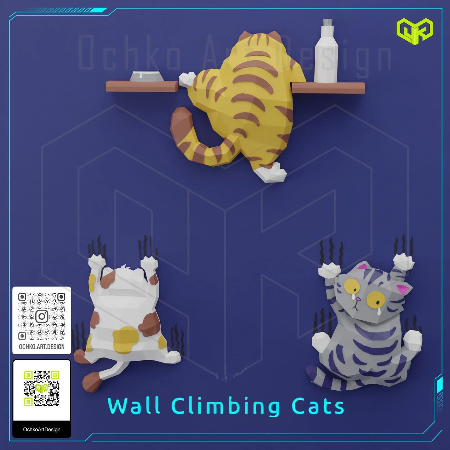 Wall Climbing Three Cats Low poly Papercraft | OchkoArtDesign