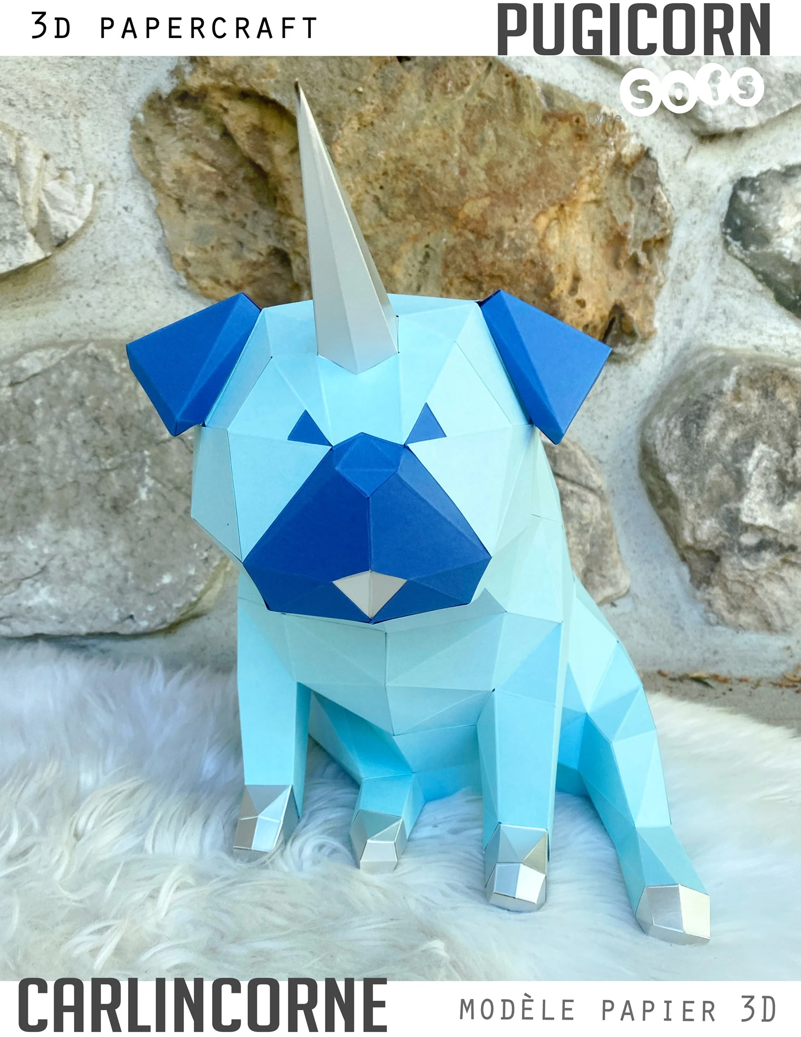 Pugicorn papercraft. You get PDF digital file templates and instructions for these DIY modern paper sculpture.