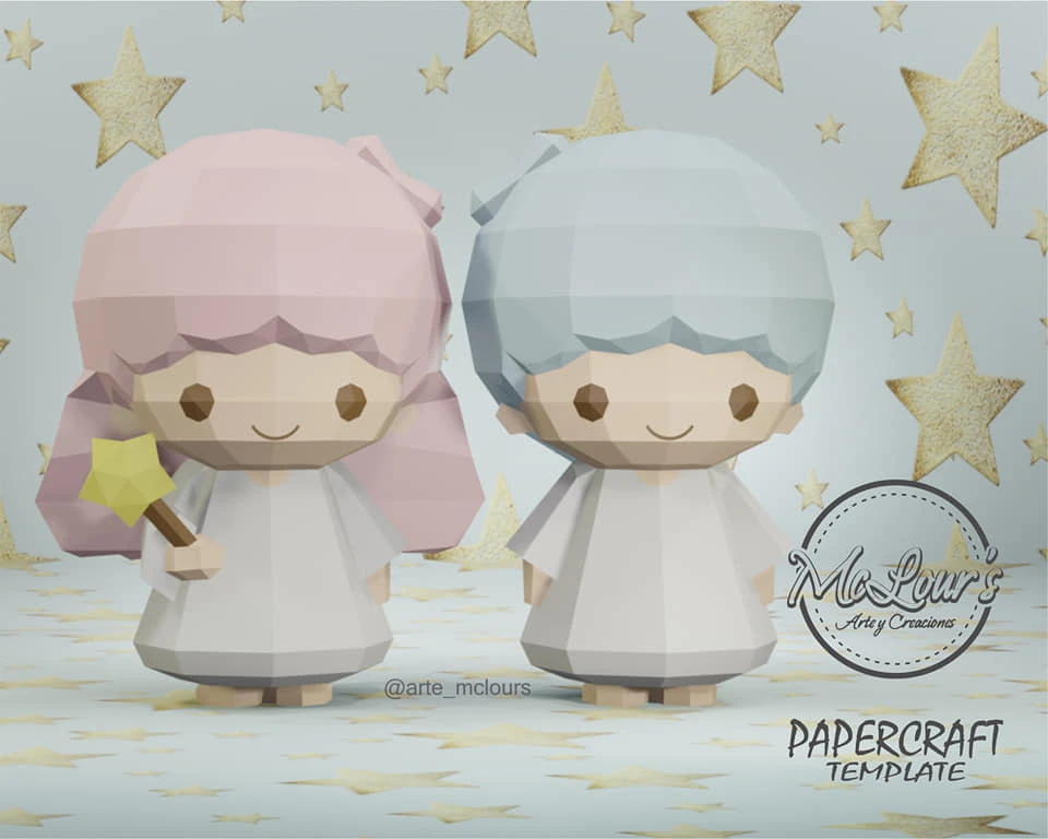 Little Twin Stars-Girl/ DiY Craft/ Template PDF/ Low Poly/ Papercraft/ 3D Doll/ Origami/ Home decor