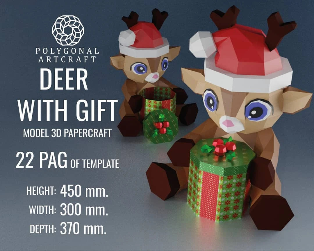 REINDEER with gift Papercraft 3d lowpoly PDF Template Decoration Christmas