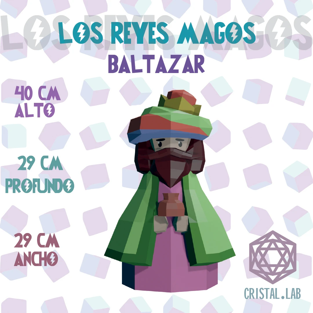 Los Reyes Magos Baltazar Low Poly Papercraft 3D Plantillas PDF Cristal.Lab