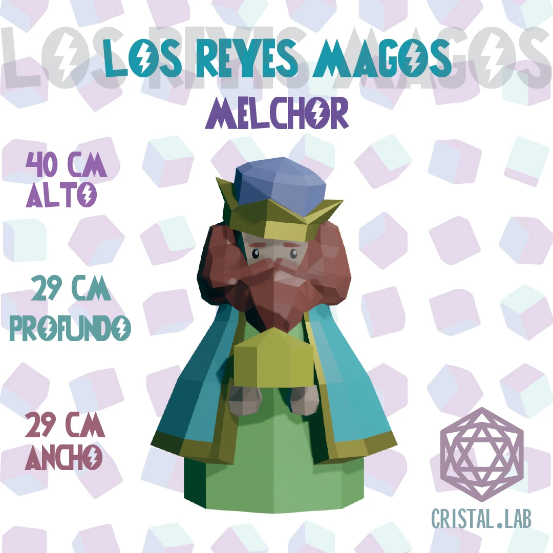 Los Reyes Magos Melchor Low Poly Papercraft 3D Plantillas PDF Cristal.Lab