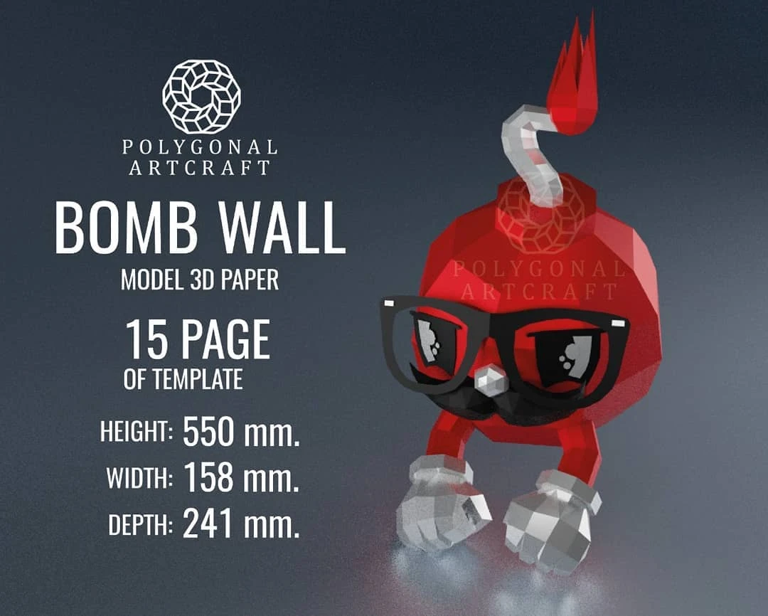 CUTE BOMB WALL Papercraft 3d lowpoly PDF Template Decoration