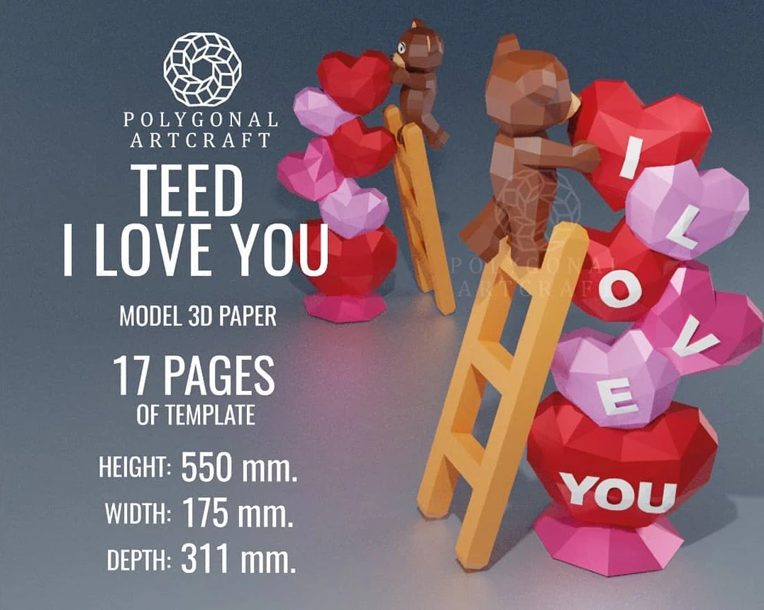 TEDDY I LOVE YOU Papercraft 3d lowpoly PDF Template Decoration Valentine