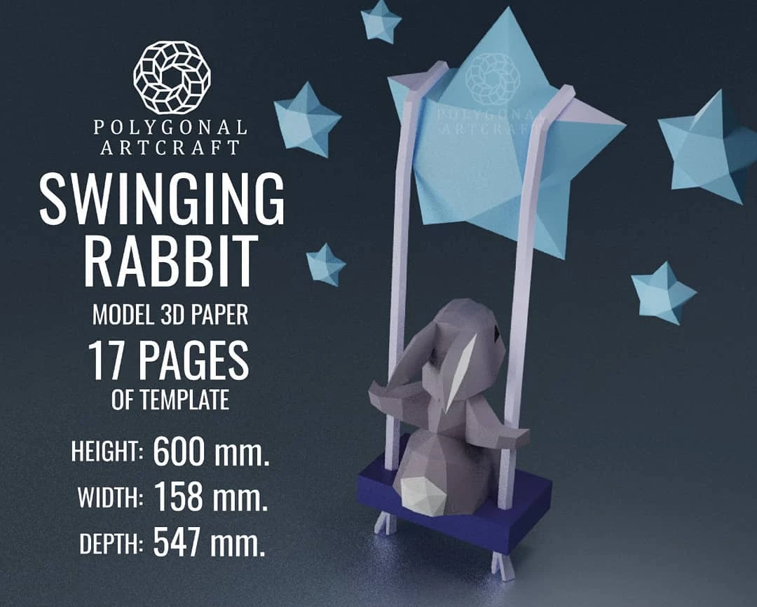 SWINGING RABBIT Papercraft 3d lowpoly PDF Template Decoration