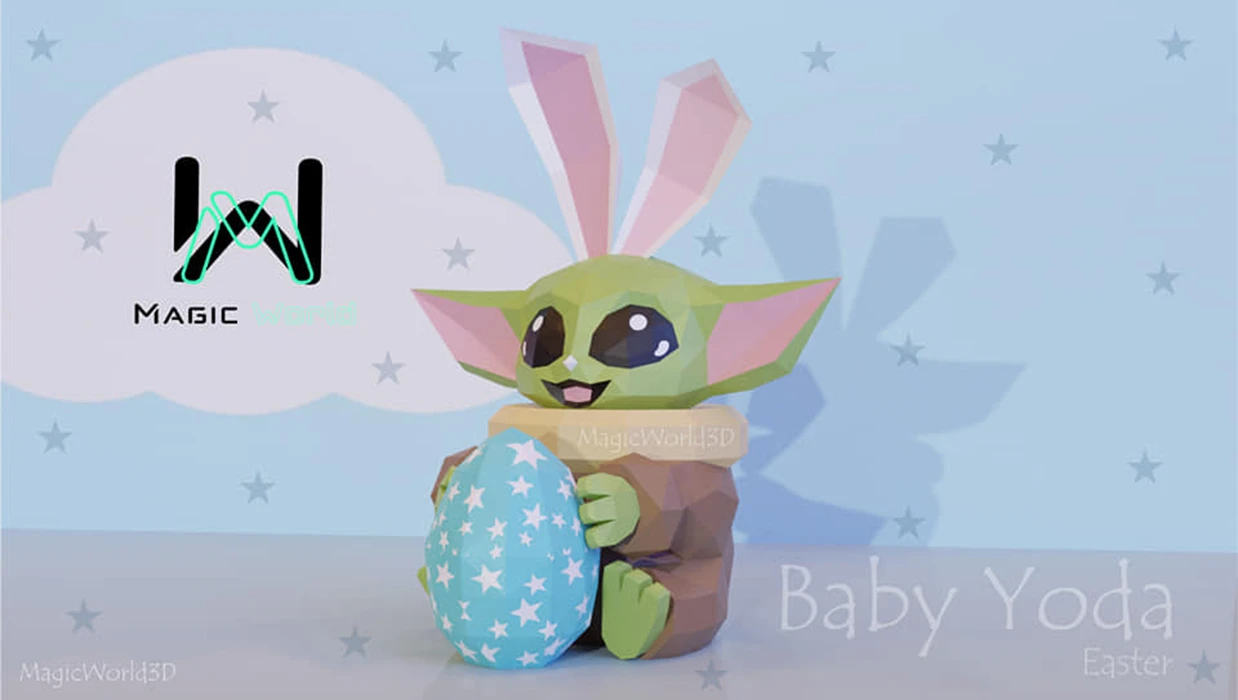 Baby Yoda Easter Bunny Costume, Star Wars Low Poly, Papercraft, PDF template, Paper model, Sculpture, 3D puzzle, Polygonal model, Lowpoly