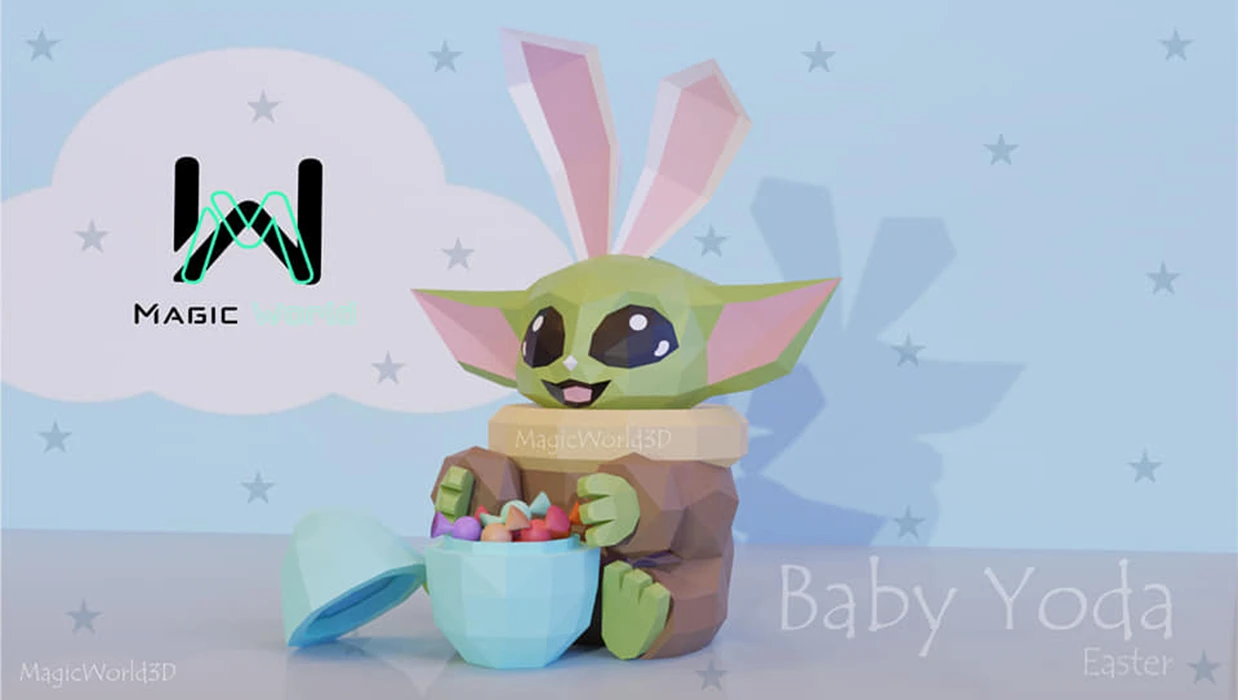 Baby Yoda Easter Bunny Costume, Star Wars Low Poly, Papercraft, PDF template, Paper model, Sculpture, 3D puzzle, Polygonal model, Lowpoly