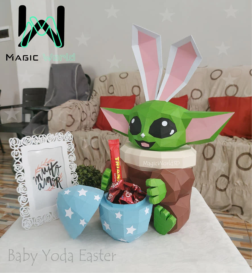 Baby Yoda Easter Bunny Costume, Star Wars Low Poly, Papercraft, PDF template, Paper model, Sculpture, 3D puzzle, Polygonal model, Lowpoly