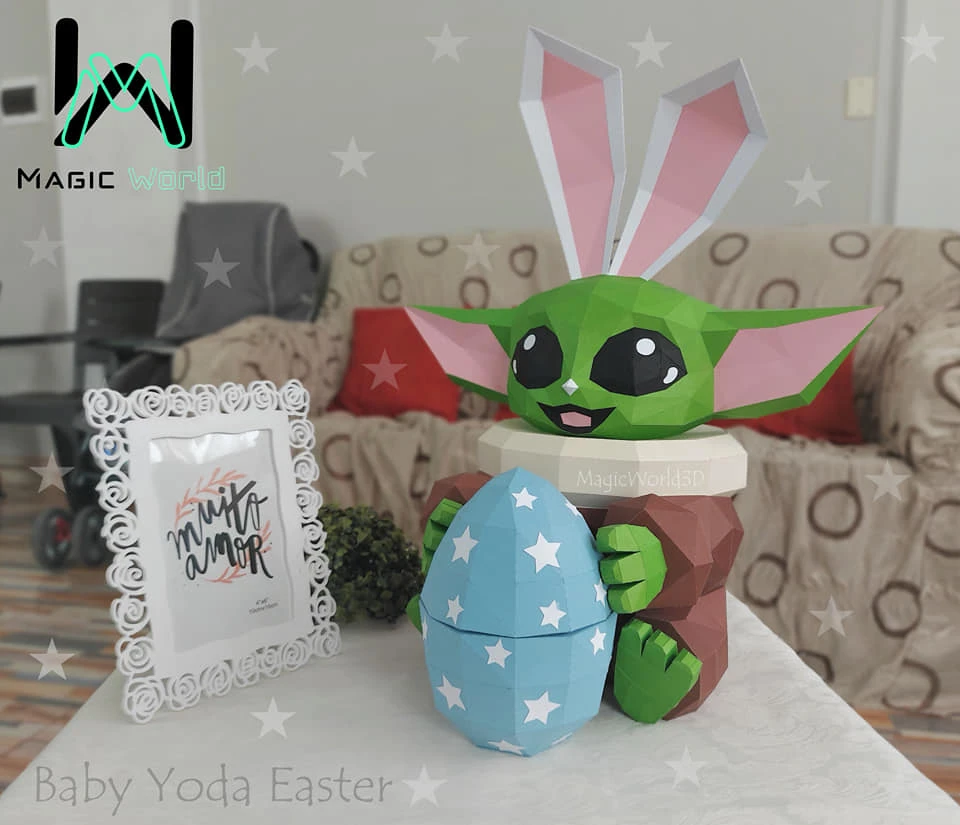 Baby Yoda Easter Bunny Costume, Star Wars Low Poly, Papercraft, PDF template, Paper model, Sculpture, 3D puzzle, Polygonal model, Lowpoly