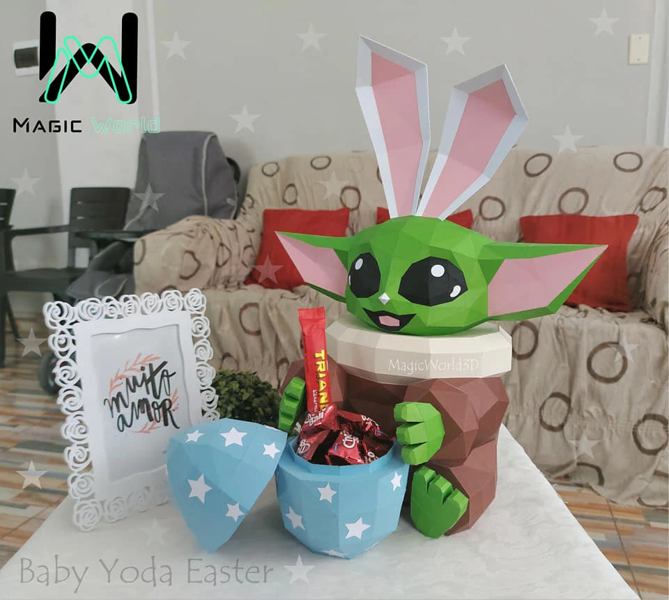 Baby Yoda Easter Bunny Costume, Star Wars Low Poly, Papercraft, PDF template, Paper model, Sculpture, 3D puzzle, Polygonal model, Lowpoly