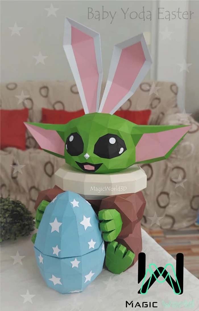 Baby Yoda Easter Bunny Costume, Star Wars Low Poly, Papercraft, PDF template, Paper model, Sculpture, 3D puzzle, Polygonal model, Lowpoly