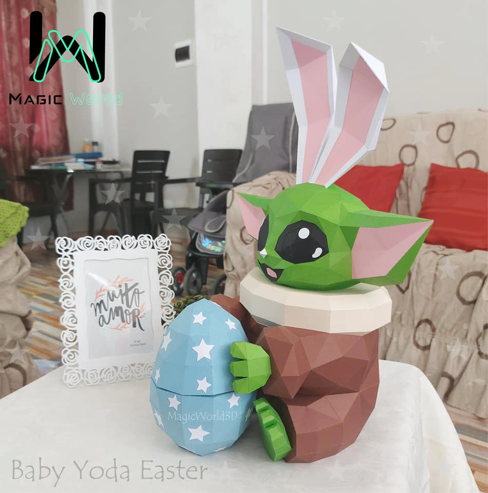 Baby Yoda Easter Bunny Costume, Star Wars Low Poly, Papercraft, PDF template, Paper model, Sculpture, 3D puzzle, Polygonal model, Lowpoly