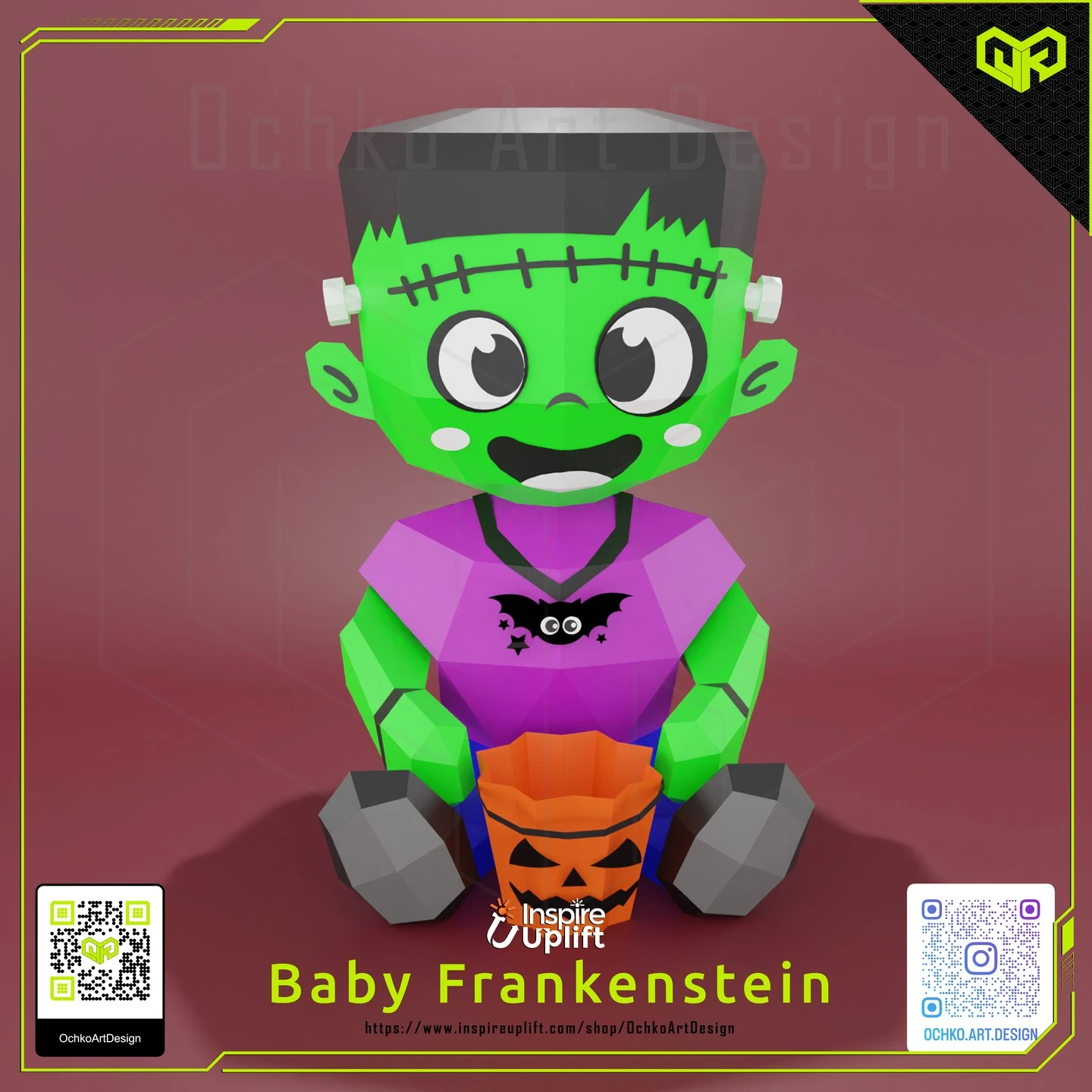 Halloween Baby Frankenstein Low poly Papercraft | OchkoArtDesign