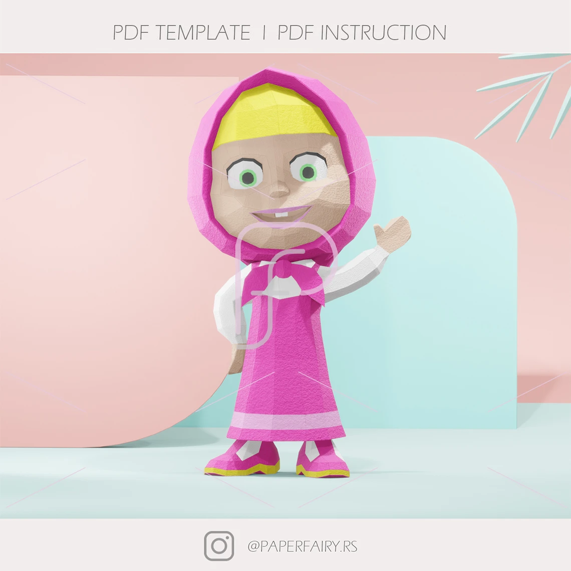 Cute doll Masha and the Bear papercraft sculptures, 2 designs, 3D paper model, modern art statue decor featured faceted geometric sculpture