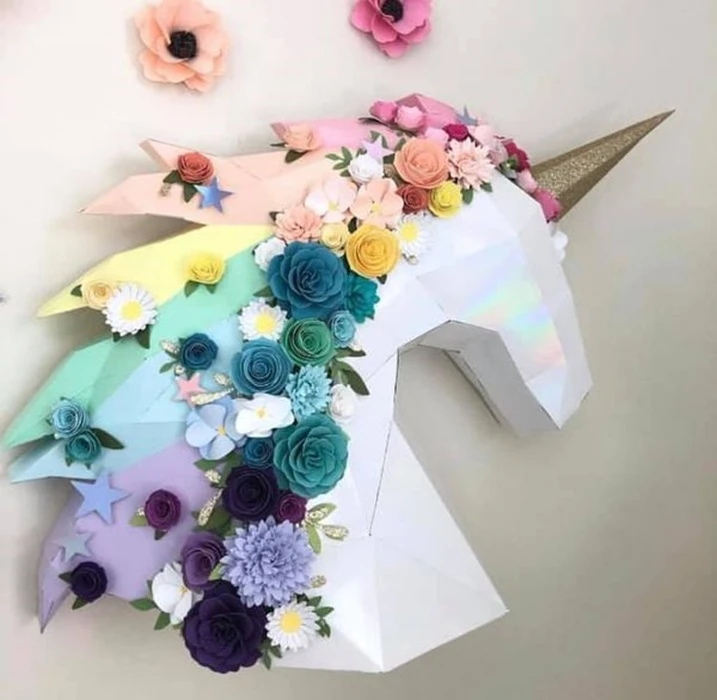 Unicorn Head With Flowers papercraft. You get PDF digital file templates and instructions for these DIY modern paper sculpture.