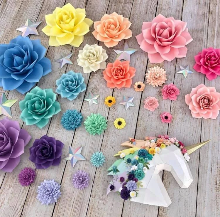 Unicorn Head With Flowers papercraft. You get PDF digital file templates and instructions for these DIY modern paper sculpture.