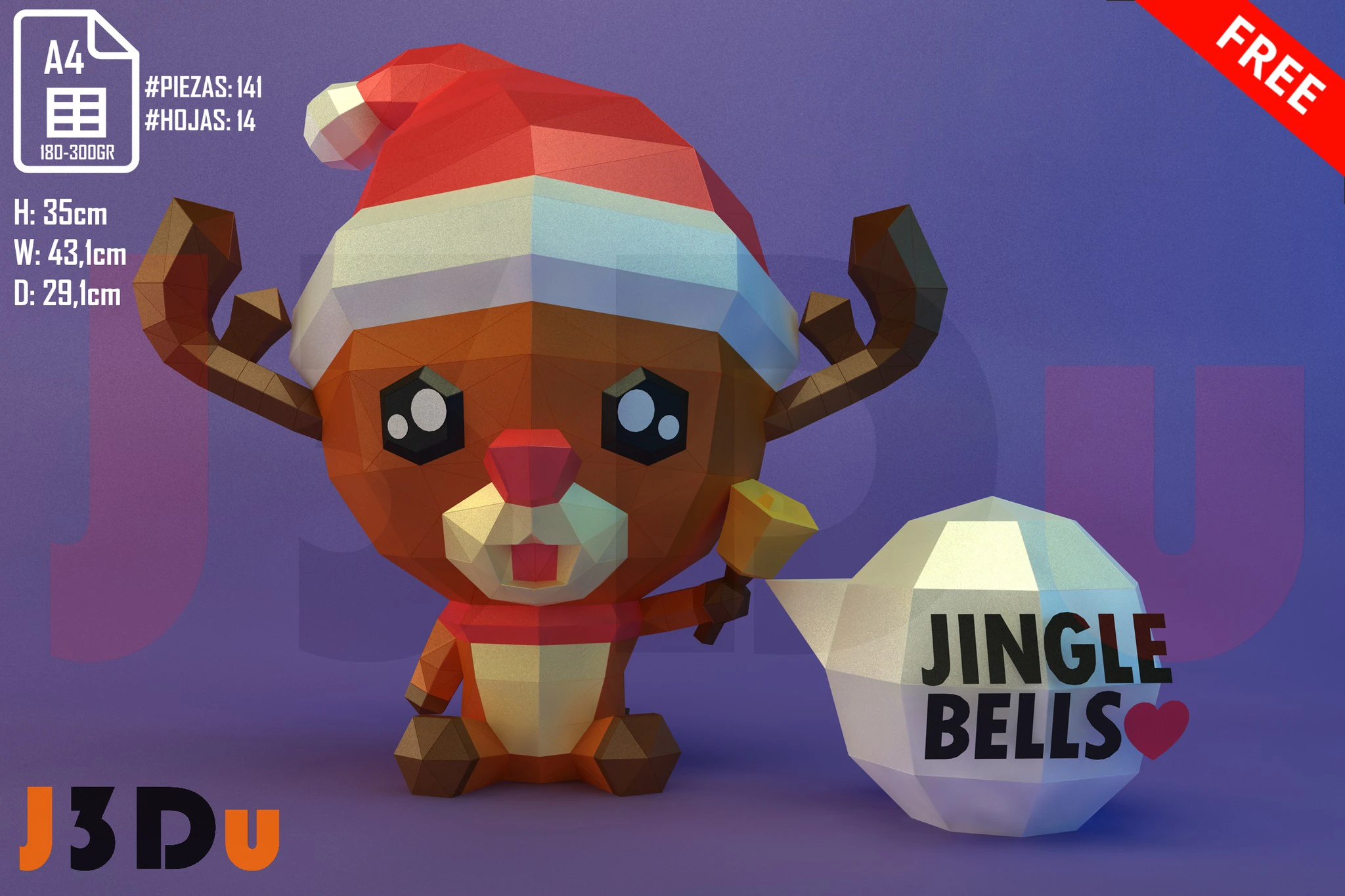 Reindeer Christmas Cute rings the bell Papercraft PDF, Template For office, Room, Decor, DIY gift for friends, family, Low poly Paper, Paper Craft 3D kit by J3Du