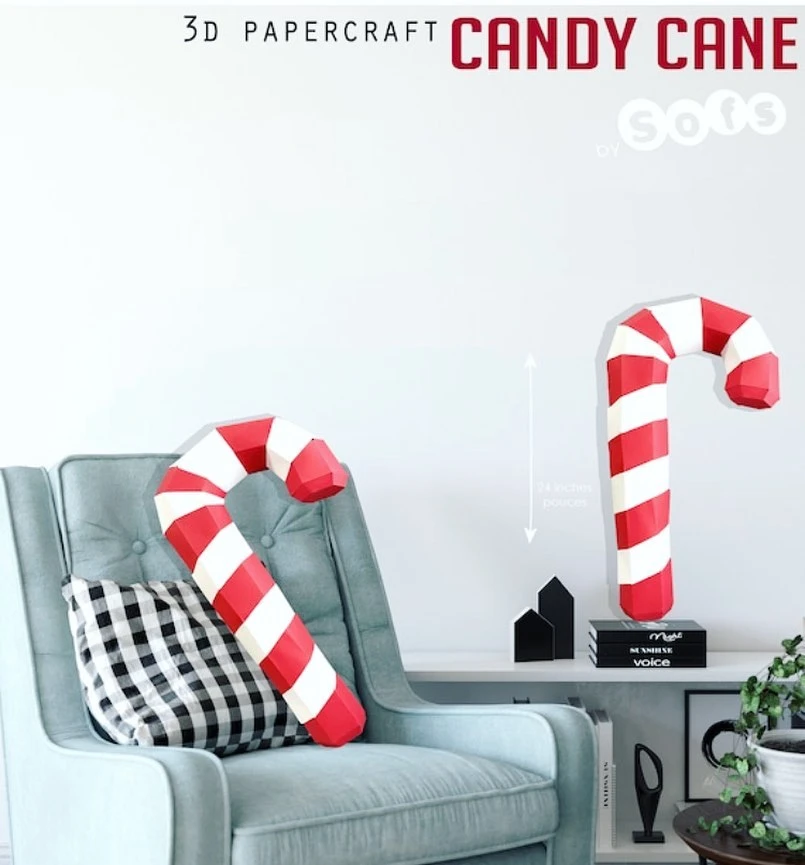 Candy Cane papercraft. You get PDF digital file templates and instructions for these DIY modern paper sculpture.