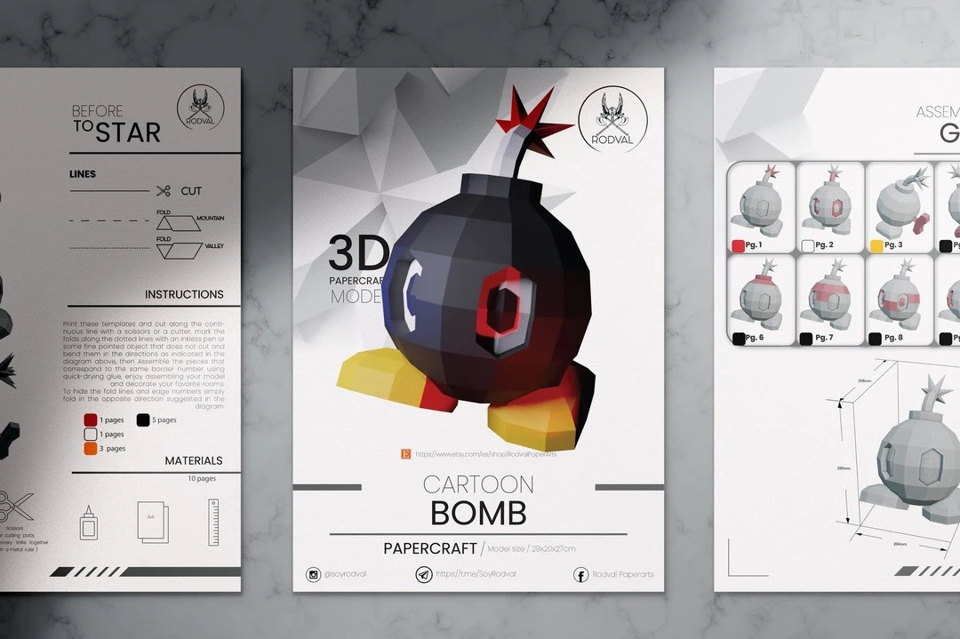 CARTOON BOMB TOY, Papercraft, Template, PDF, DIY, Paper, Low Poly