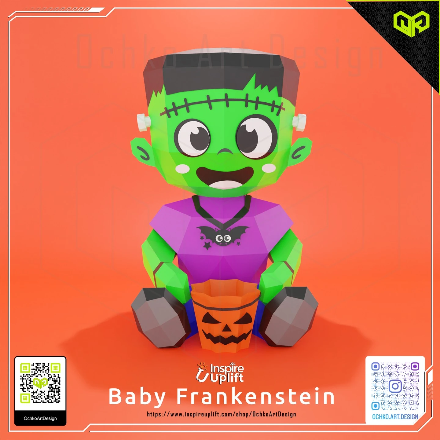 Halloween Baby Frankenstein Low poly Papercraft | OchkoArtDesign