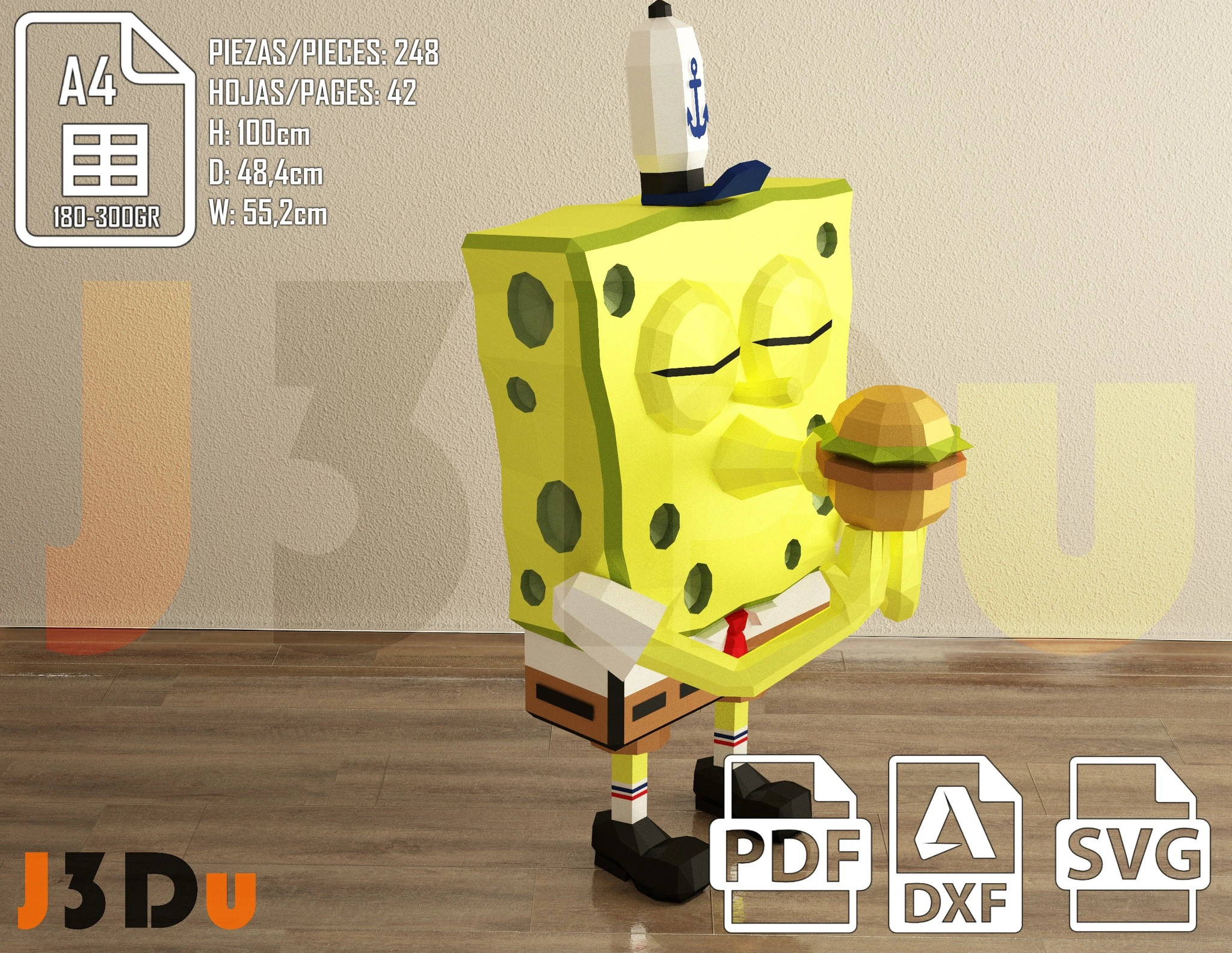 SpongeBob SquarePants Papercraft PDF, Template For office, Room, Decor, DIY gift for friends, family, Low poly Paper, Paper Craft 3D kit by J3Du