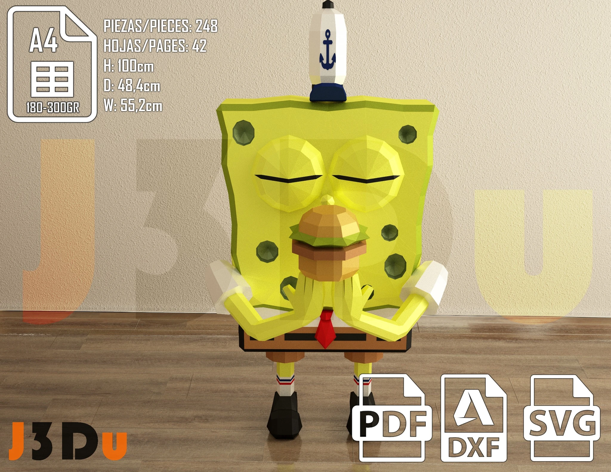 SpongeBob SquarePants Papercraft PDF, Template For office, Room, Decor, DIY gift for friends, family, Low poly Paper, Paper Craft 3D kit by J3Du