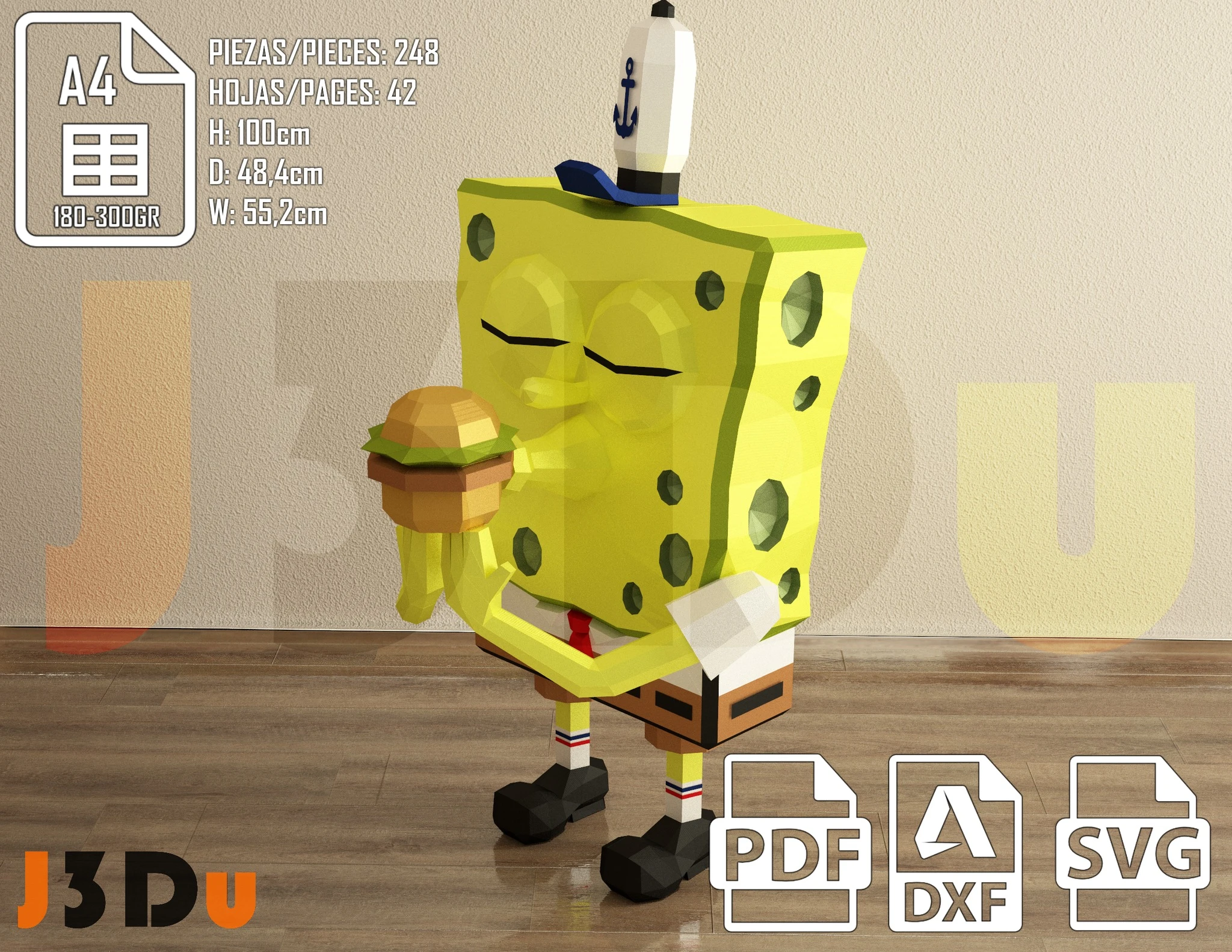 SpongeBob SquarePants Papercraft PDF, Template For office, Room, Decor, DIY gift for friends, family, Low poly Paper, Paper Craft 3D kit by J3Du