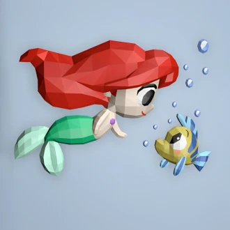 Ariel and Flounder 3D Wall Decor Low poly Papercraft, DIY, PDF