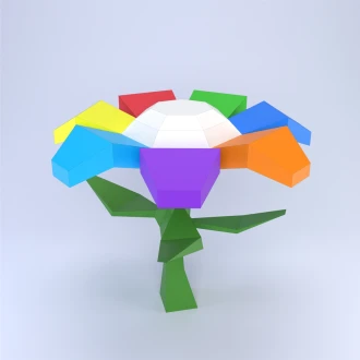 Low Poly Seven-Color Wishing Flower Papercraft Template | DIY 3D Geometric Rainbow Plant Sculpture | Magical Decor