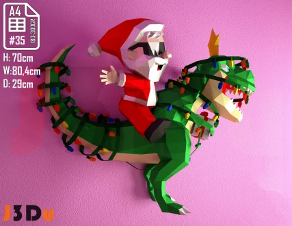 Dino SantaClaus, Dinosaurio Navideño Papercraft PDF, Template For office, Room, Decor, DIY gift for friends, family, Low poly Paper, Paper Craft 3D kit by J3Du