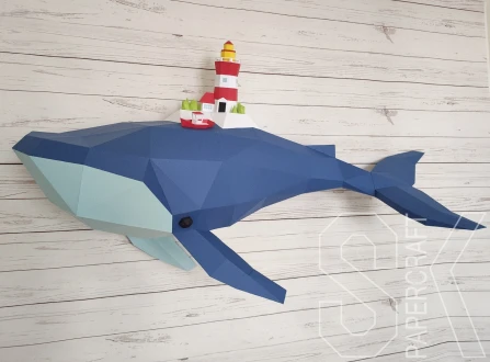 Low Poly Whale Lighthouse Papercraft PDF Template - 3D Ocean Wall Art DIY Kit - Nautical Nursery Decor