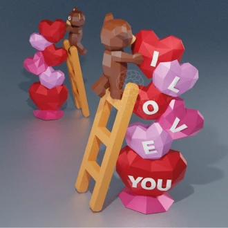 TEDDY I LOVE YOU Papercraft 3d lowpoly PDF Template Decoration Valentine
