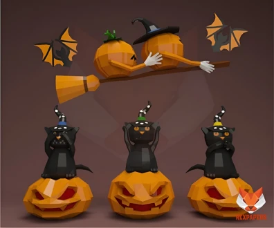 Halloween Cats, Bats and Pumpkin Papercraft, PDF Template, DIY 3d Model, FanArt, Paper Sculpture, Low Poly, Pepakura Craft, Manualidad