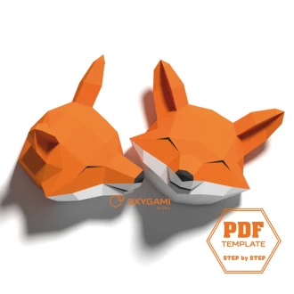 Fox 3D papercraft, Make 2 smiling foxes yourself from these printable patterns and instructions. Forest themed bedroom. (beginner-friendly)