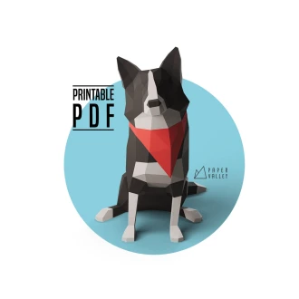 Border Collie Papercraft, DIY Home Decor, paper animal sculpture, Handmade gift, Printable template PDF, 3D Decoration, dog lover, bandana