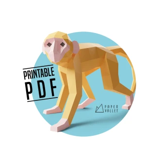 Monkey Papercraft, DIY Home Decor, paper animal sculpture, Handmade gift, Printable template PDF, 3D Decoration, jungle, party, lowpoly