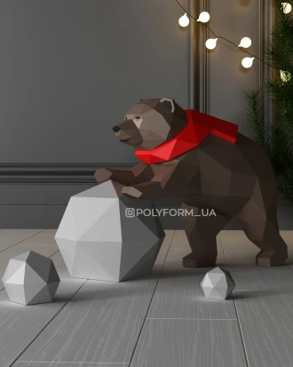Bear with a snowball Low Poly Christmas Papercraft PDF template